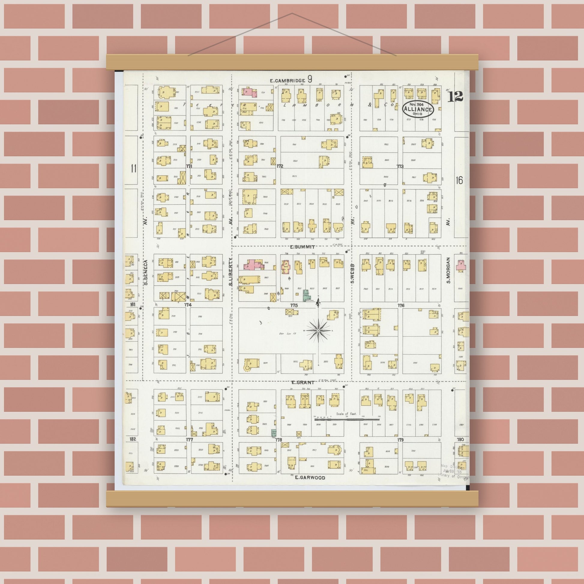 Old map wall art mockup — magnetic wood frame on brick wall — Sanborn Fire Insurance Map from Alliance, Stark County, Ohio (1904), Sheet #0012
