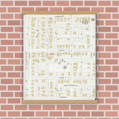 Old map wall art mockup — magnetic wood frame on brick wall — Sanborn Fire Insurance Map from Alliance, Stark County, Ohio (1904), Sheet #0012