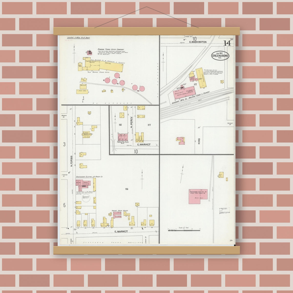Old map wall art mockup — magnetic wood frame on brick wall — Sanborn Fire Insurance Map from Greensboro, Guilford County, North Carolina (1902), Sheet #0014