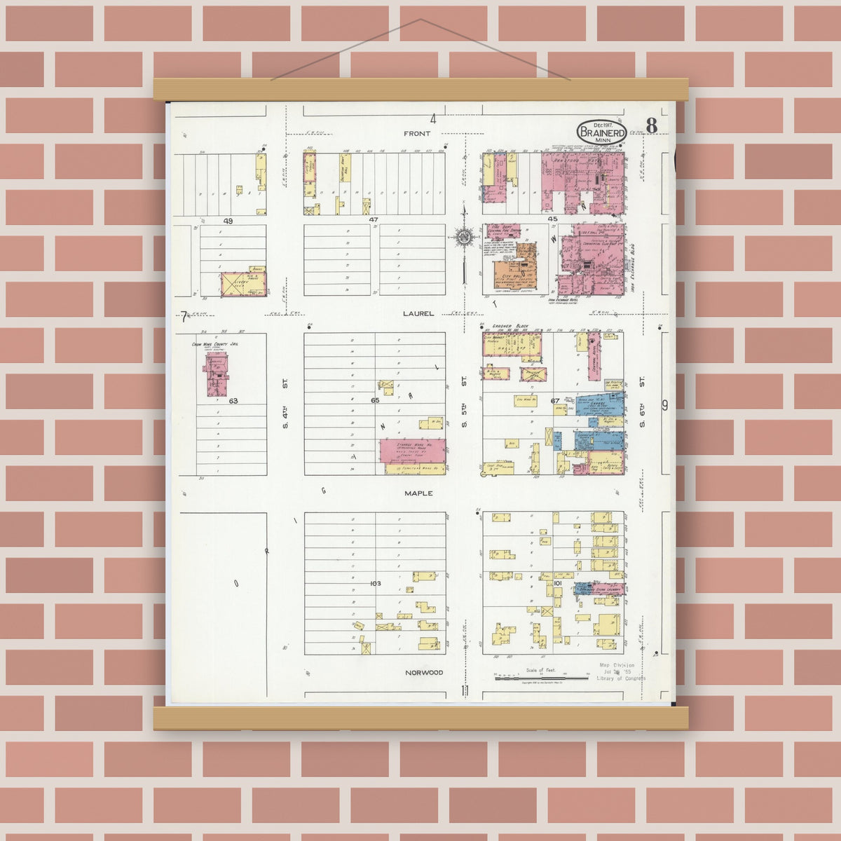 Old map wall art mockup — magnetic wood frame on brick wall — Sanborn Fire Insurance Map from Brainerd, Crow Wing County, Minnesota (1917), Sheet #0008