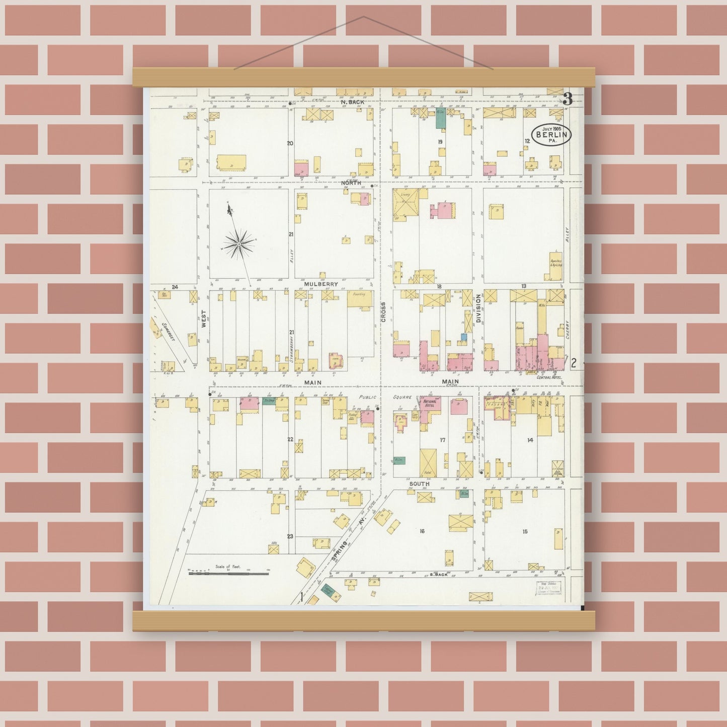 Old map wall art mockup — magnetic wood frame on brick wall — Sanborn Fire Insurance Map from Berlin, Somerset County, Pennsylvania (1905), Sheet #0003