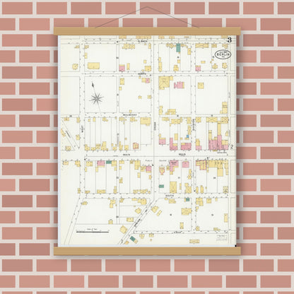 Old map wall art mockup — magnetic wood frame on brick wall — Sanborn Fire Insurance Map from Berlin, Somerset County, Pennsylvania (1905), Sheet #0003