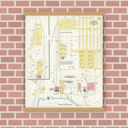 Old map wall art mockup — magnetic wood frame on brick wall — Sanborn Fire Insurance Map from Lufkin, Angelina County, Texas (1915), Sheet #0009