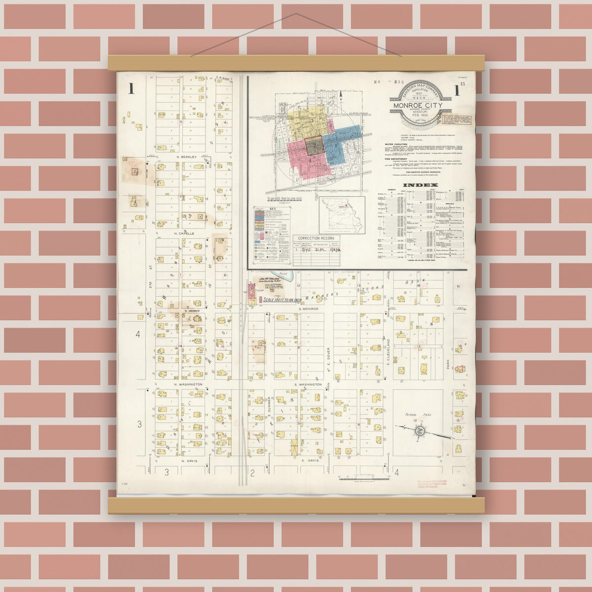 Old map wall art mockup — magnetic wood frame on brick wall — Sanborn Fire Insurance Map from Monroe City, Monroe County, Missouri (1943) - Complete Map Set