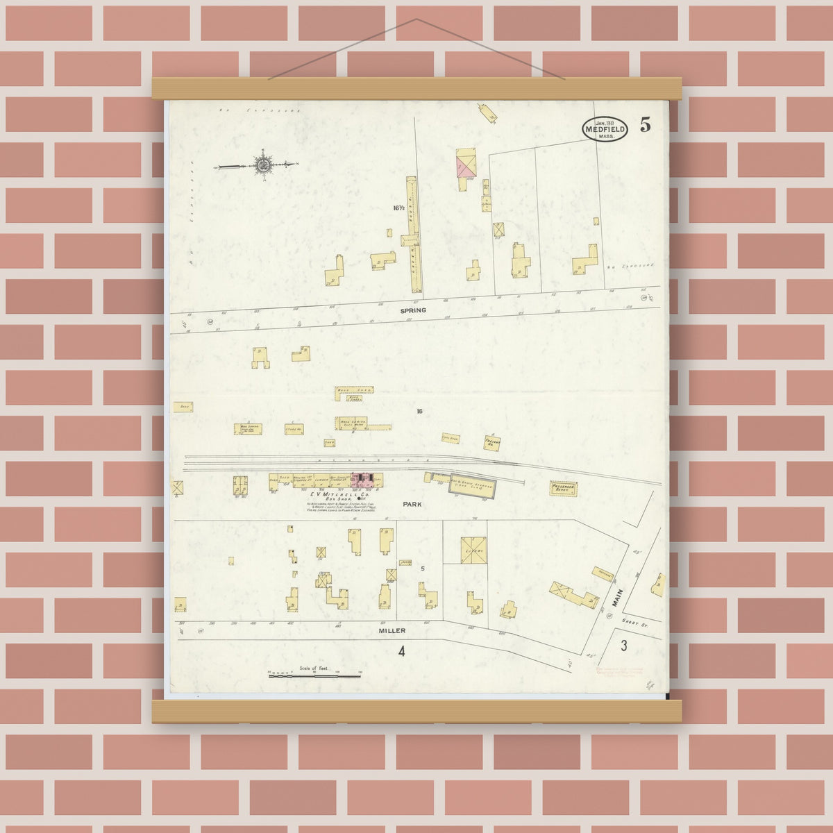 Old map wall art mockup — magnetic wood frame on brick wall — Sanborn Fire Insurance Map from Medfield, Norfolk County, Massachusetts (1911), Sheet #0005