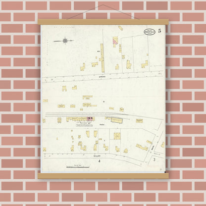 Old map wall art mockup — magnetic wood frame on brick wall — Sanborn Fire Insurance Map from Medfield, Norfolk County, Massachusetts (1911), Sheet #0005