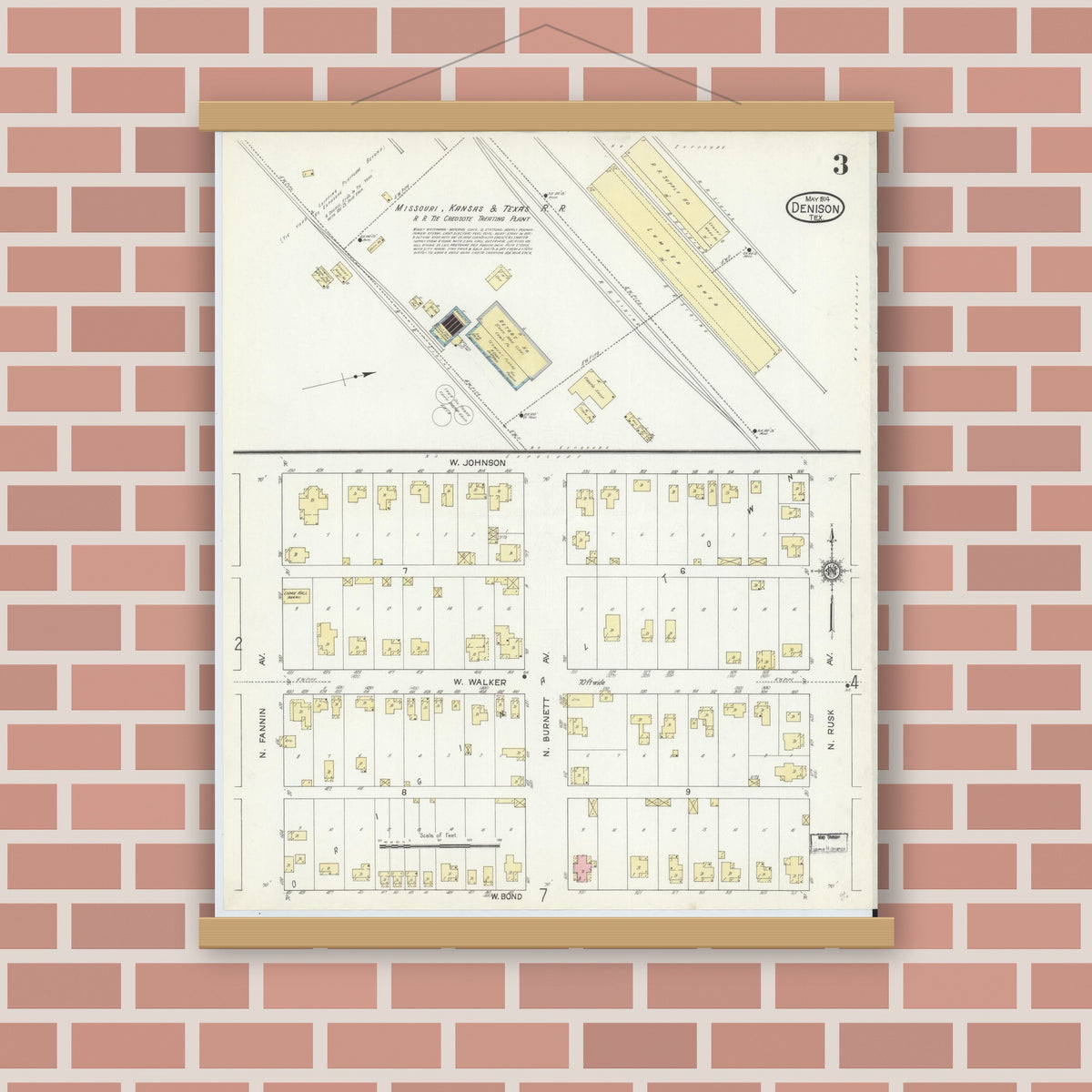 Old map wall art mockup — magnetic wood frame on brick wall — Sanborn Fire Insurance Map from Denison, Grayson County, Texas (1914), Sheet #0003