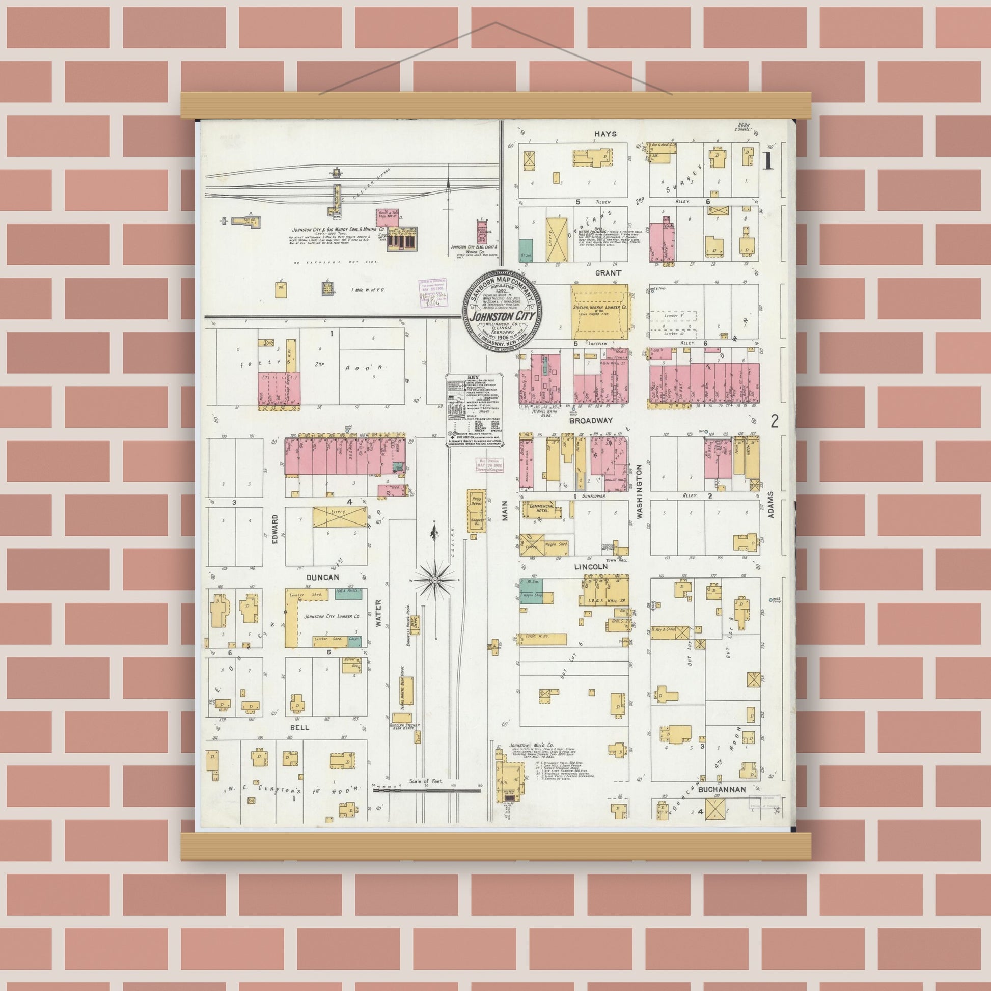 Old map wall art mockup — magnetic wood frame on brick wall — Sanborn Fire Insurance Map from Johnston City, Williamson County, Illinois (1906), Sheet #0001