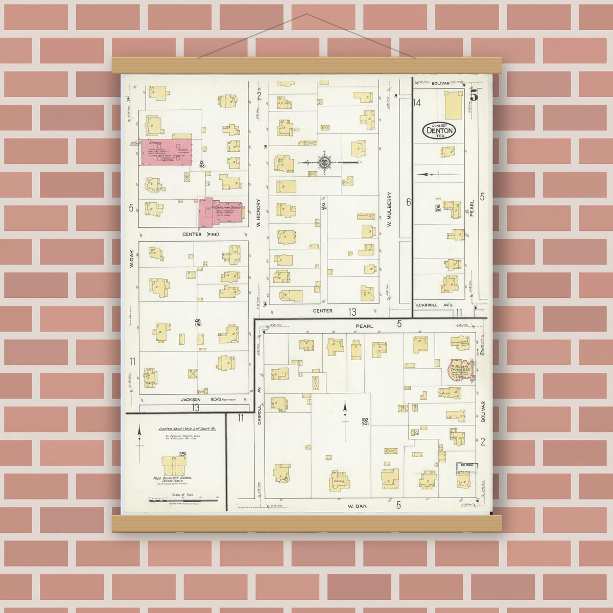 Old map wall art mockup — magnetic wood frame on brick wall — Sanborn Fire Insurance Map from Denton, Denton County, Texas (1917), Sheet #0005