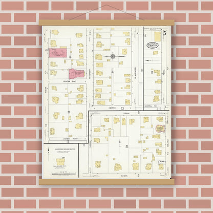 Old map wall art mockup — magnetic wood frame on brick wall — Sanborn Fire Insurance Map from Denton, Denton County, Texas (1917), Sheet #0005