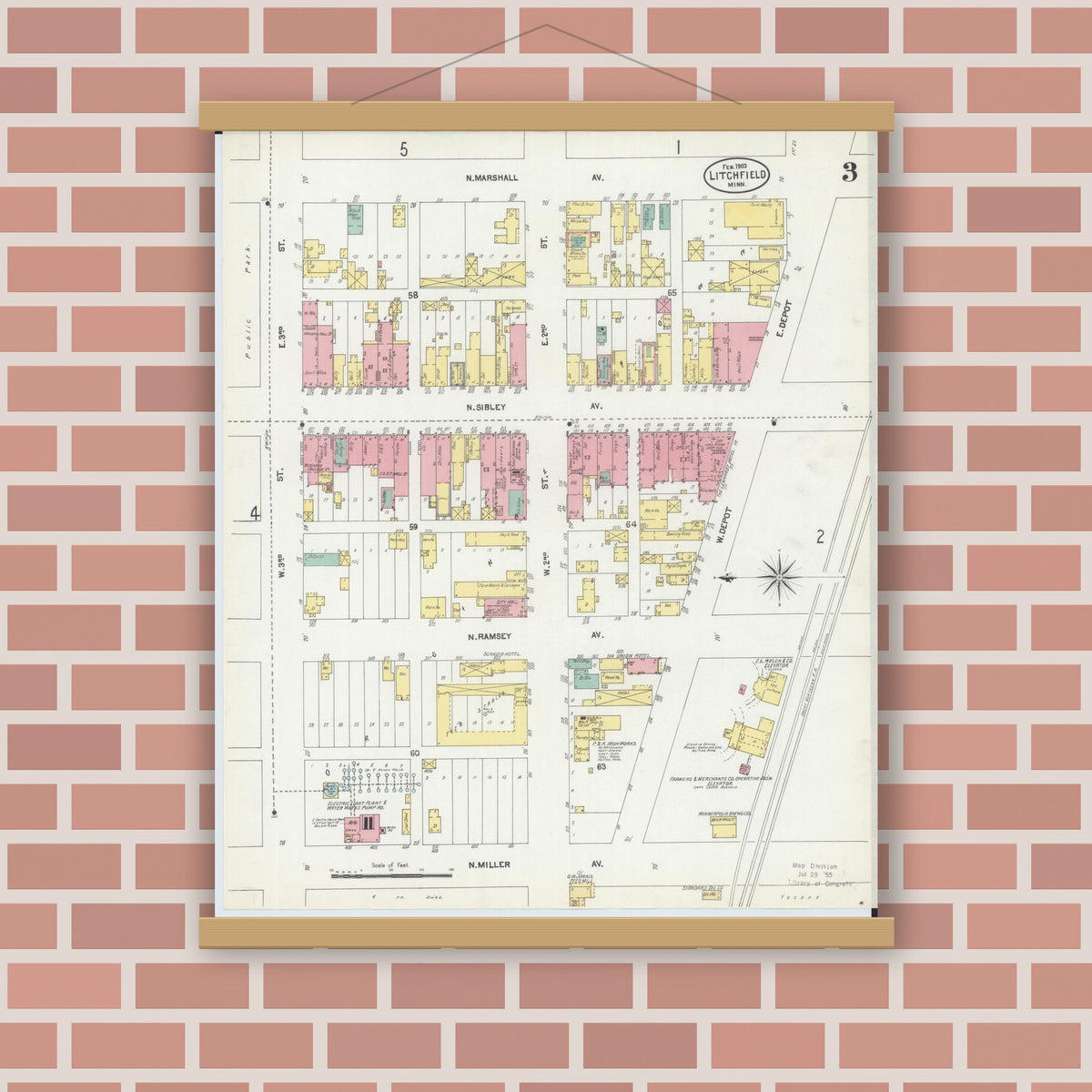Old map wall art mockup — magnetic wood frame on brick wall — Sanborn Fire Insurance Map from Litchfield, Meeker County, Minnesota (1903), Sheet #0003