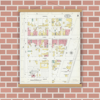 Old map wall art mockup — magnetic wood frame on brick wall — Sanborn Fire Insurance Map from Litchfield, Meeker County, Minnesota (1903), Sheet #0003