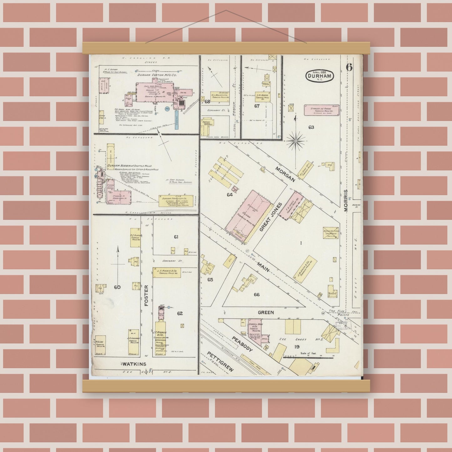 Old map wall art mockup — magnetic wood frame on brick wall — Sanborn Fire Insurance Map from Durham, Durham County, North Carolina (1888), Sheet #0006
