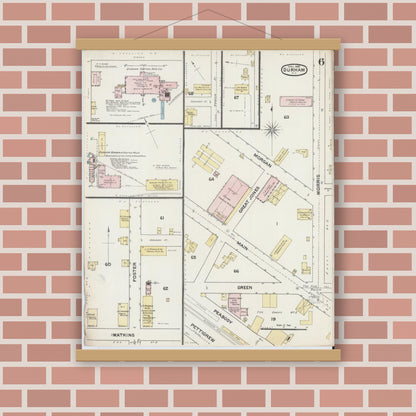 Old map wall art mockup — magnetic wood frame on brick wall — Sanborn Fire Insurance Map from Durham, Durham County, North Carolina (1888), Sheet #0006