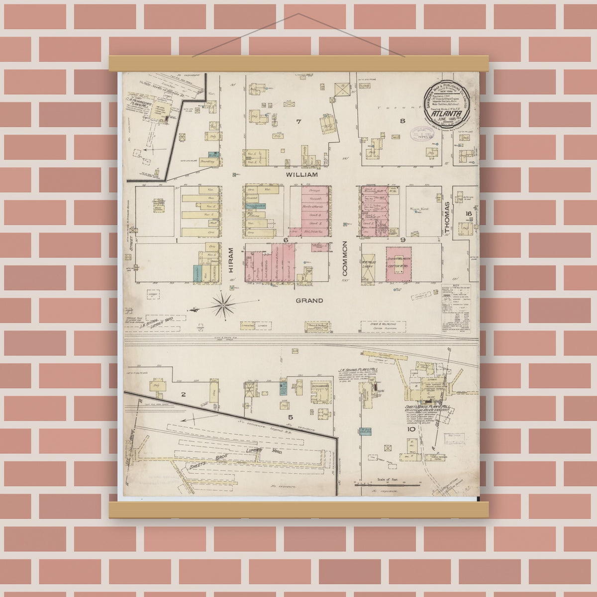 Old map wall art mockup — magnetic wood frame on brick wall — Sanborn Fire Insurance Map from Atlanta, Cass County, Texas (1885), Sheet #0001