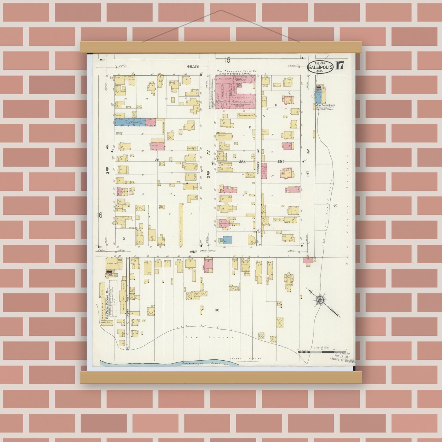 Old map wall art mockup — magnetic wood frame on brick wall — Sanborn Fire Insurance Map from Gallipolis, Gallia County, Ohio (1916), Sheet #0017