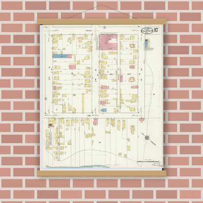 Old map wall art mockup — magnetic wood frame on brick wall — Sanborn Fire Insurance Map from Gallipolis, Gallia County, Ohio (1916), Sheet #0017