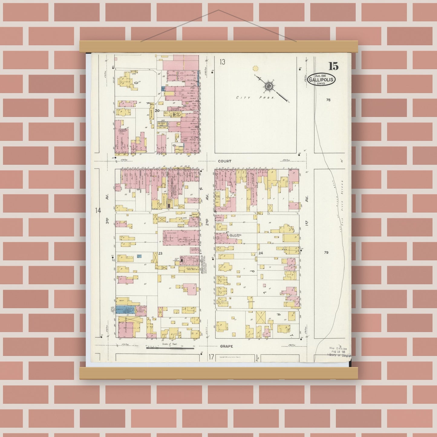 Old map wall art mockup — magnetic wood frame on brick wall — Sanborn Fire Insurance Map from Gallipolis, Gallia County, Ohio (1916), Sheet #0015