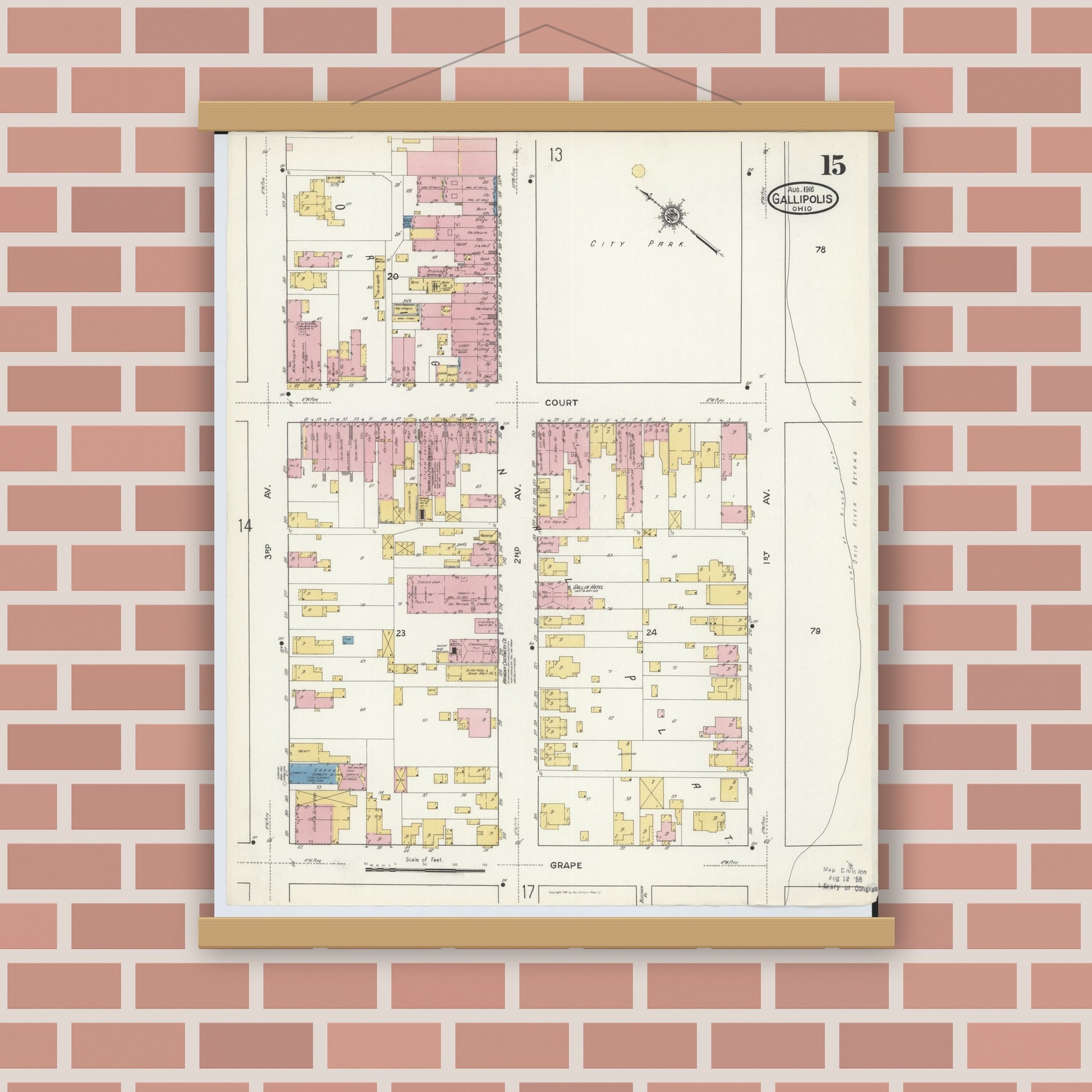 Old map wall art mockup — magnetic wood frame on brick wall — Sanborn Fire Insurance Map from Gallipolis, Gallia County, Ohio (1916), Sheet #0015