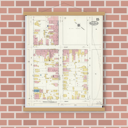 Old map wall art mockup — magnetic wood frame on brick wall — Sanborn Fire Insurance Map from Gallipolis, Gallia County, Ohio (1916), Sheet #0015
