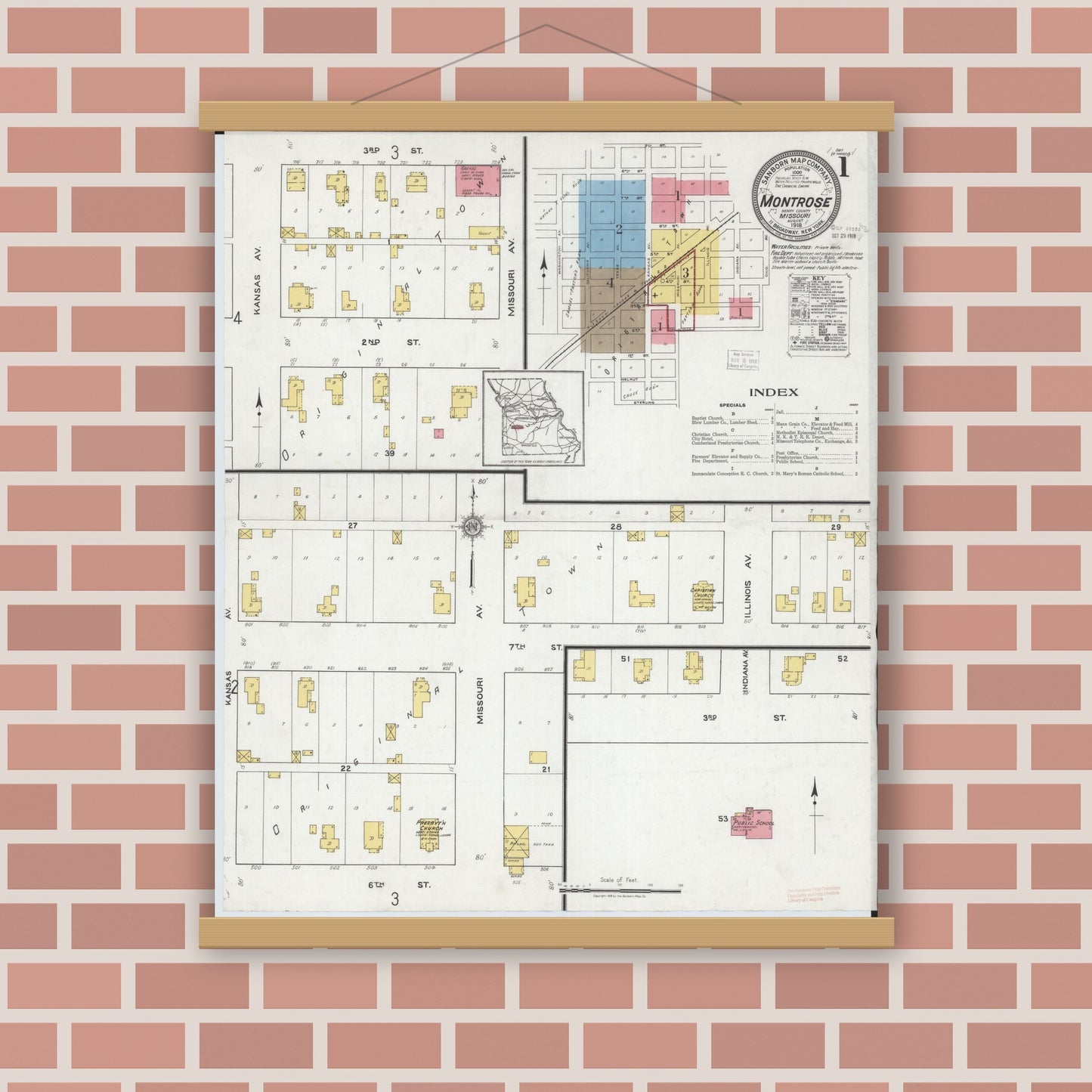 Old map wall art mockup — magnetic wood frame on brick wall — Sanborn Fire Insurance Map from Montrose, Henry County, Missouri (1918) - Complete Map Set