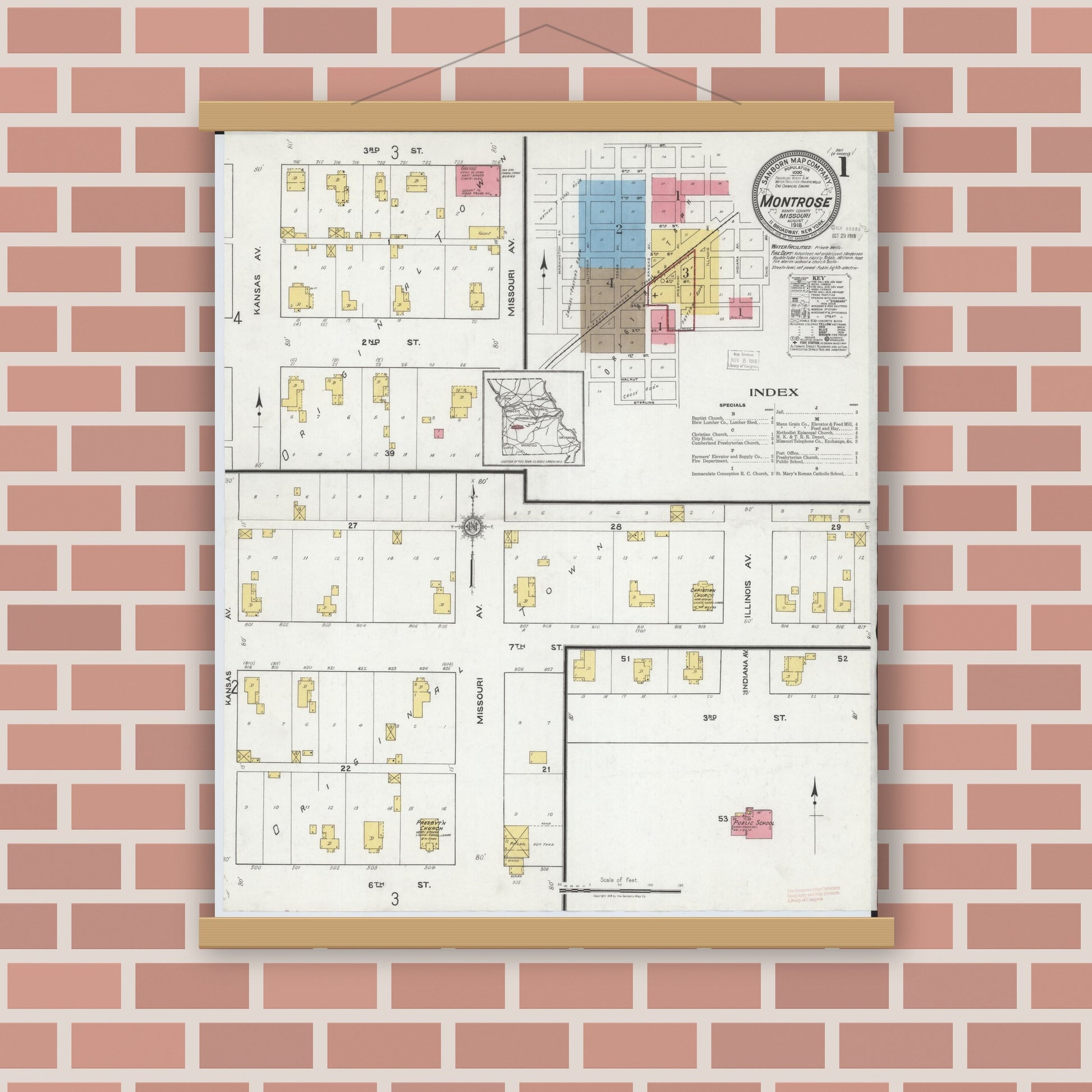 Old map wall art mockup — magnetic wood frame on brick wall — Sanborn Fire Insurance Map from Montrose, Henry County, Missouri (1918) - Complete Map Set