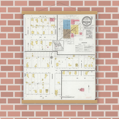 Old map wall art mockup — magnetic wood frame on brick wall — Sanborn Fire Insurance Map from Montrose, Henry County, Missouri (1918) - Complete Map Set