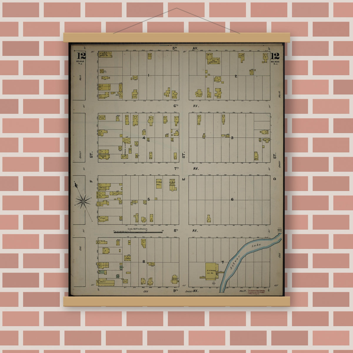 Old map wall art mockup — magnetic wood frame on brick wall — Sanborn Fire Insurance Map from New Jersey Coast, New Jersey Coast, New Jersey (1890), Sheet #0012