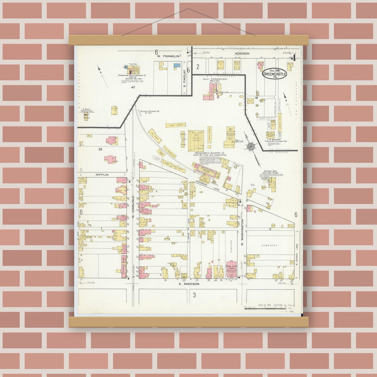 Old map wall art mockup — magnetic wood frame on brick wall — Sanborn Fire Insurance Map from Greencastle, Franklin County, Pennsylvania (1915), Sheet #0004