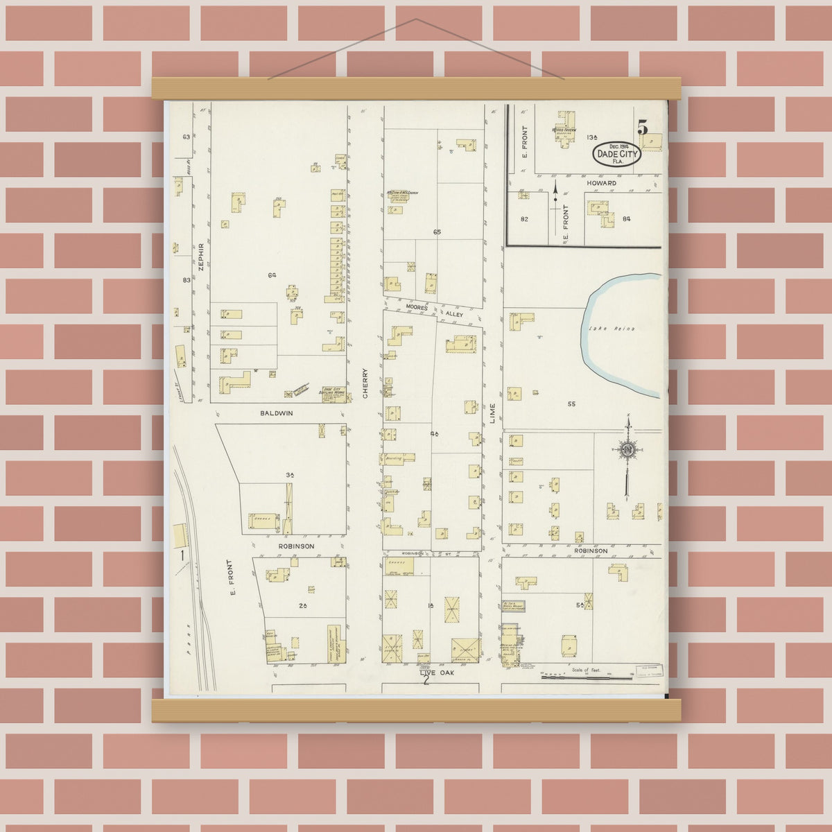 Old map wall art mockup — magnetic wood frame on brick wall — Sanborn Fire Insurance Map from Dade City, Pasco County, Florida (1914), Sheet #0005