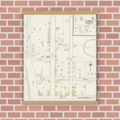 Old map wall art mockup — magnetic wood frame on brick wall — Sanborn Fire Insurance Map from Dade City, Pasco County, Florida (1914), Sheet #0005