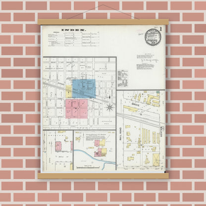 Old map wall art mockup — magnetic wood frame on brick wall — Sanborn Fire Insurance Map from Geneseo, Henry County, Illinois (1892) - Complete Map Set