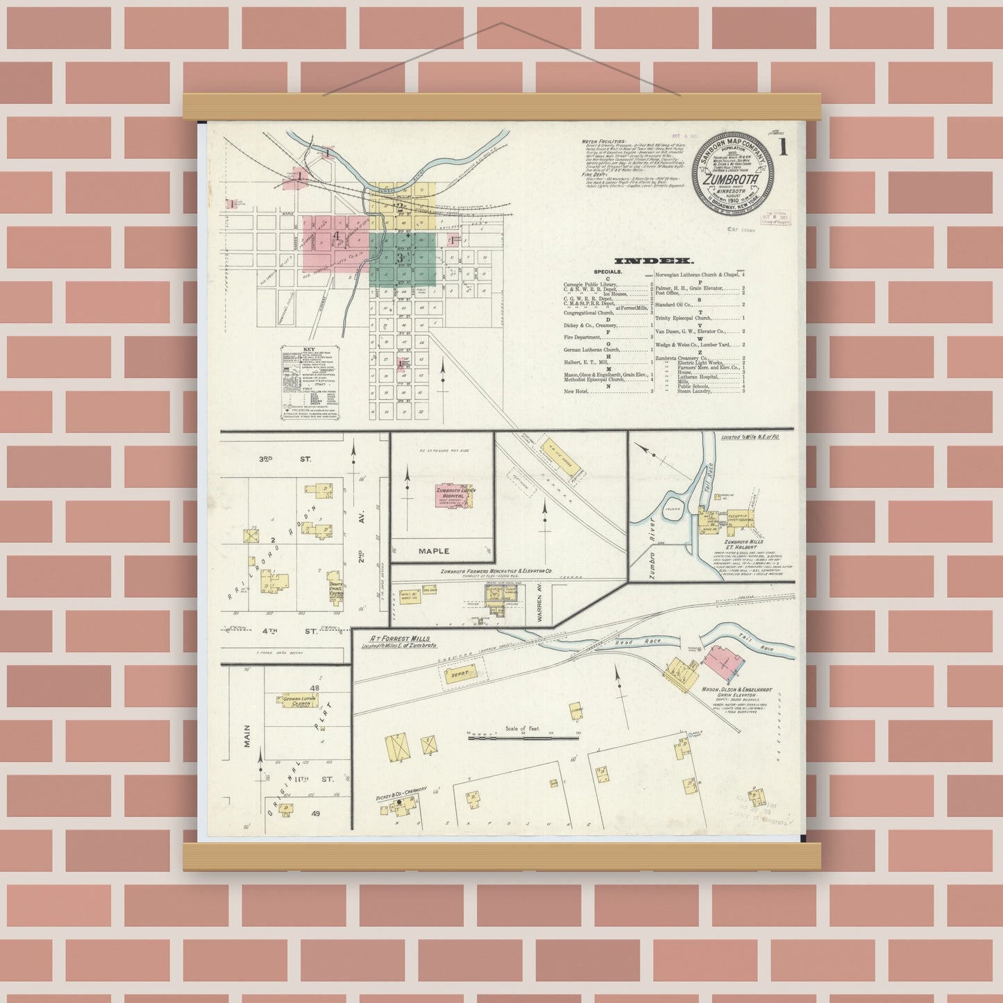 Old map wall art mockup — magnetic wood frame on brick wall — Sanborn Fire Insurance Map from Zumbrota, Goodhue County, Minnesota (1910) - Complete Map Set