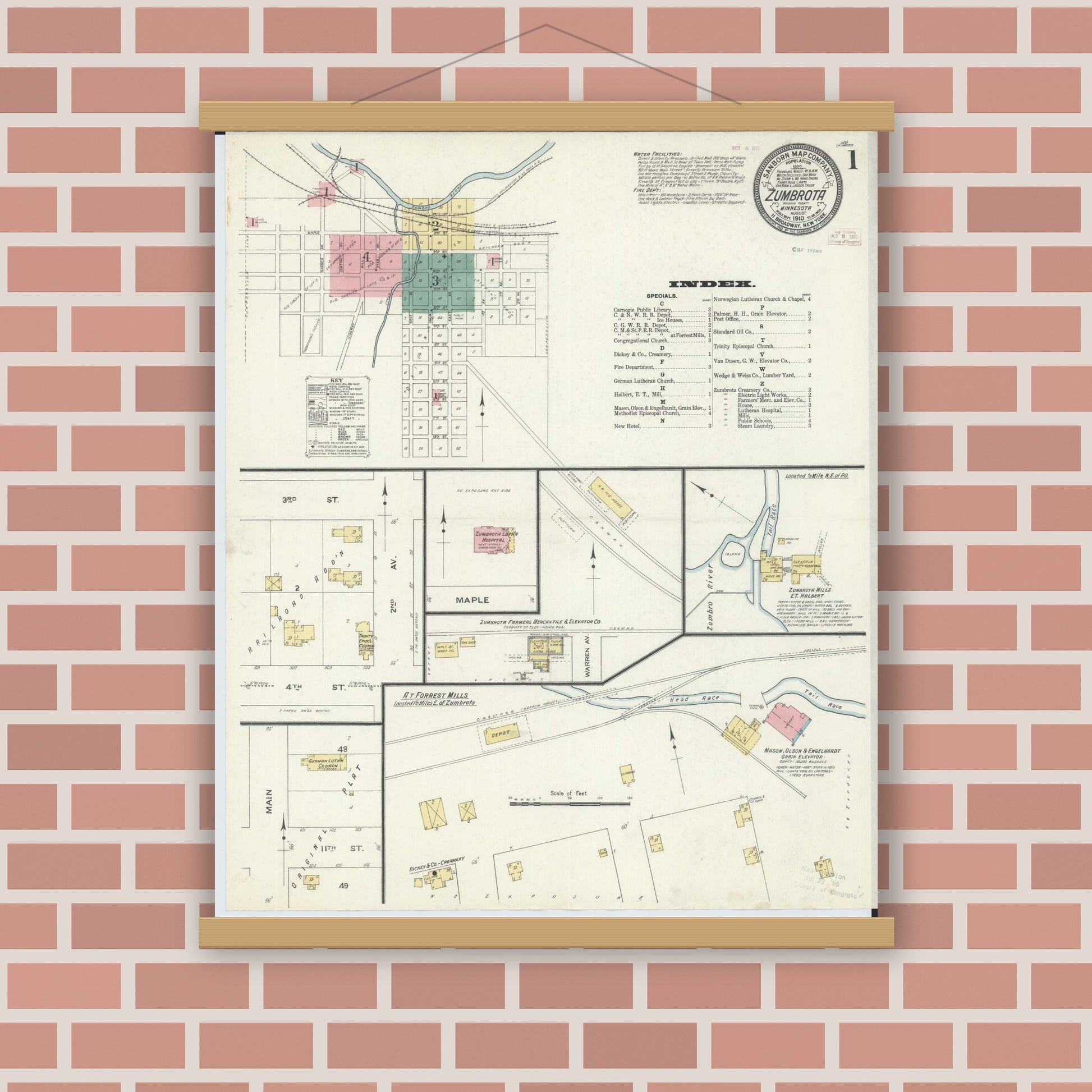 Old map wall art mockup — magnetic wood frame on brick wall — Sanborn Fire Insurance Map from Zumbrota, Goodhue County, Minnesota (1910) - Complete Map Set