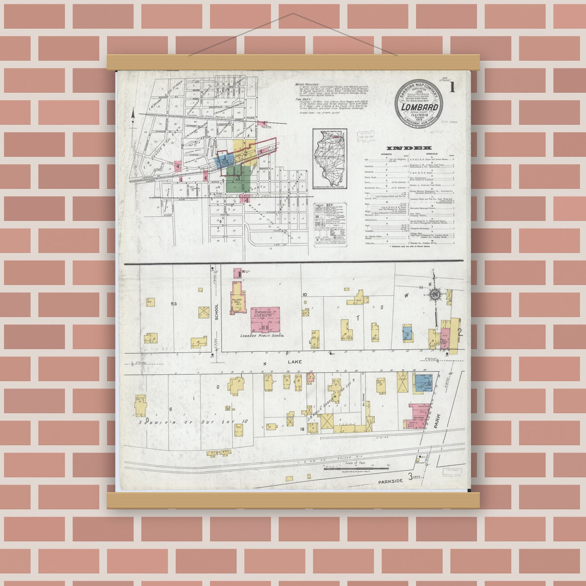 Old map wall art mockup — magnetic wood frame on brick wall — Sanborn Fire Insurance Map from Lombard, Du Page County, Illinois (1919) - Complete Map Set