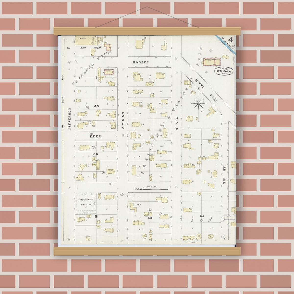 Old map wall art mockup — magnetic wood frame on brick wall — Sanborn Fire Insurance Map from Waupaca, Waupaca County, Wisconsin (1891), Sheet #0004