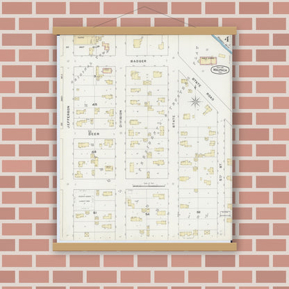 Old map wall art mockup — magnetic wood frame on brick wall — Sanborn Fire Insurance Map from Waupaca, Waupaca County, Wisconsin (1891), Sheet #0004