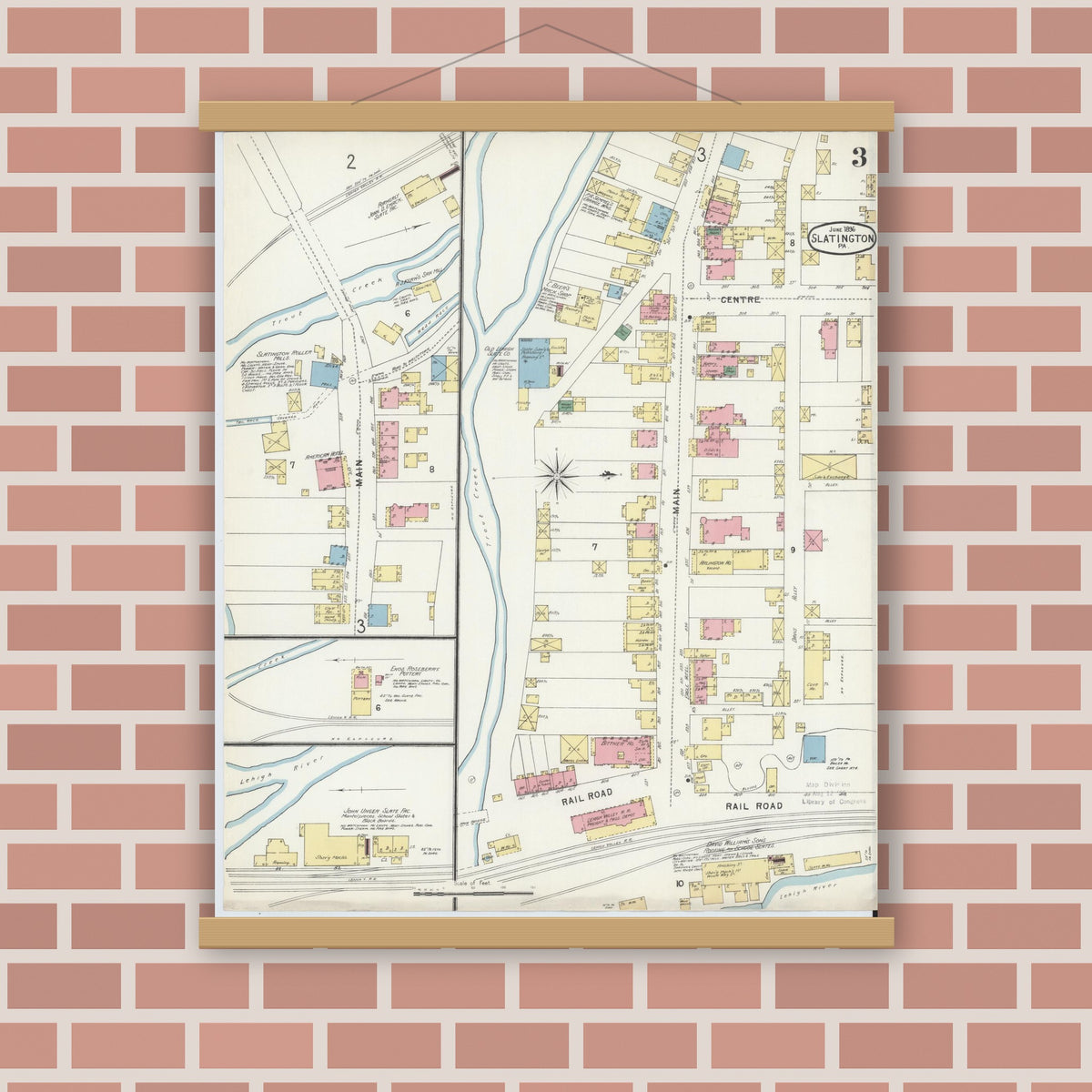 Old map wall art mockup — magnetic wood frame on brick wall — Sanborn Fire Insurance Map from Slatington, Lehigh County, Pennsylvania (1896), Sheet #0003