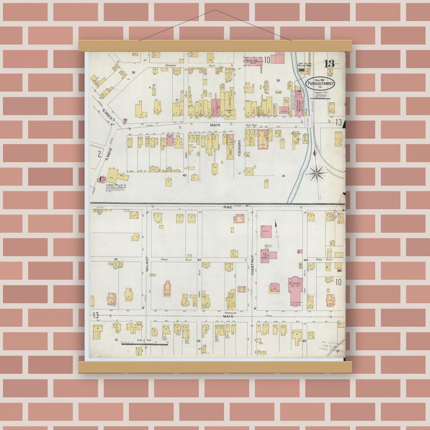 Old map wall art mockup — magnetic wood frame on brick wall — Sanborn Fire Insurance Map from Punxsutawney, Jefferson County, Pennsylvania (1906), Sheet #0013