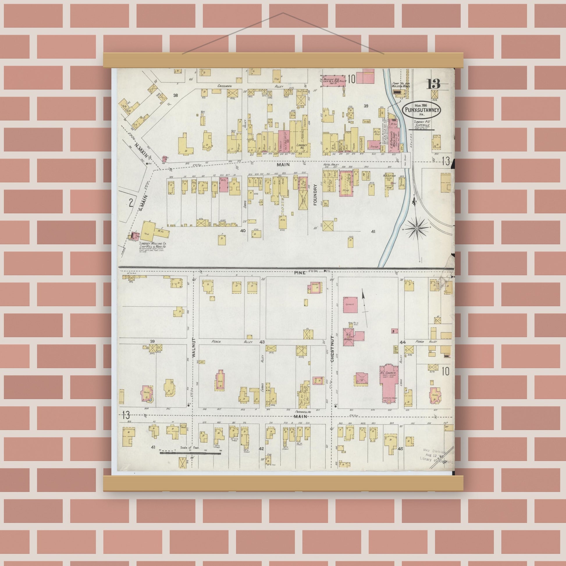Old map wall art mockup — magnetic wood frame on brick wall — Sanborn Fire Insurance Map from Punxsutawney, Jefferson County, Pennsylvania (1906), Sheet #0013