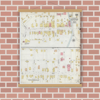 Old map wall art mockup — magnetic wood frame on brick wall — Sanborn Fire Insurance Map from Punxsutawney, Jefferson County, Pennsylvania (1906), Sheet #0013