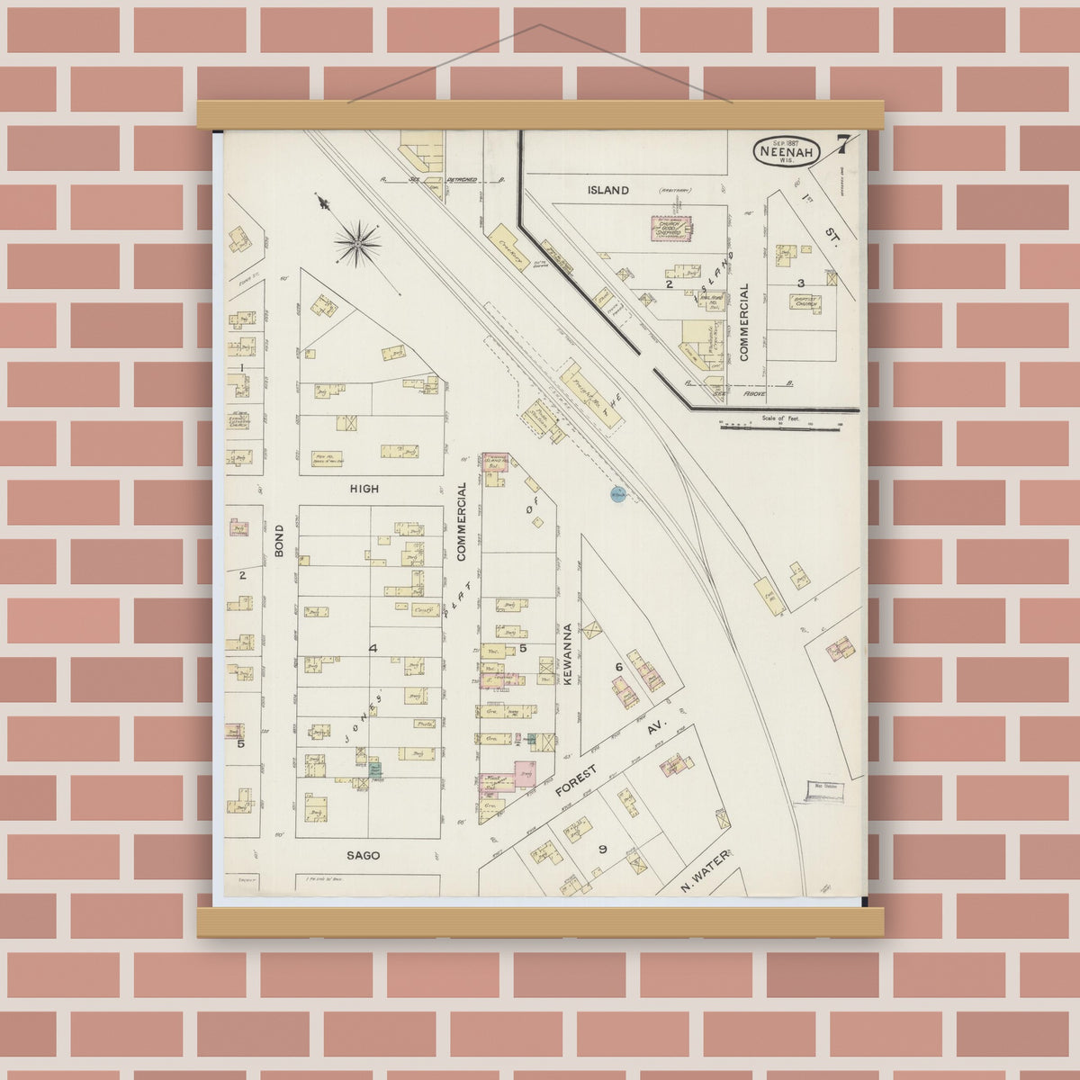Old map wall art mockup — magnetic wood frame on brick wall — Sanborn Fire Insurance Map from Neenah, Winnebago County, Wisconsin (1887), Sheet #0007