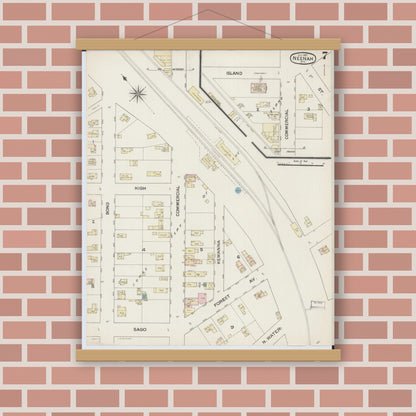 Old map wall art mockup — magnetic wood frame on brick wall — Sanborn Fire Insurance Map from Neenah, Winnebago County, Wisconsin (1887), Sheet #0007