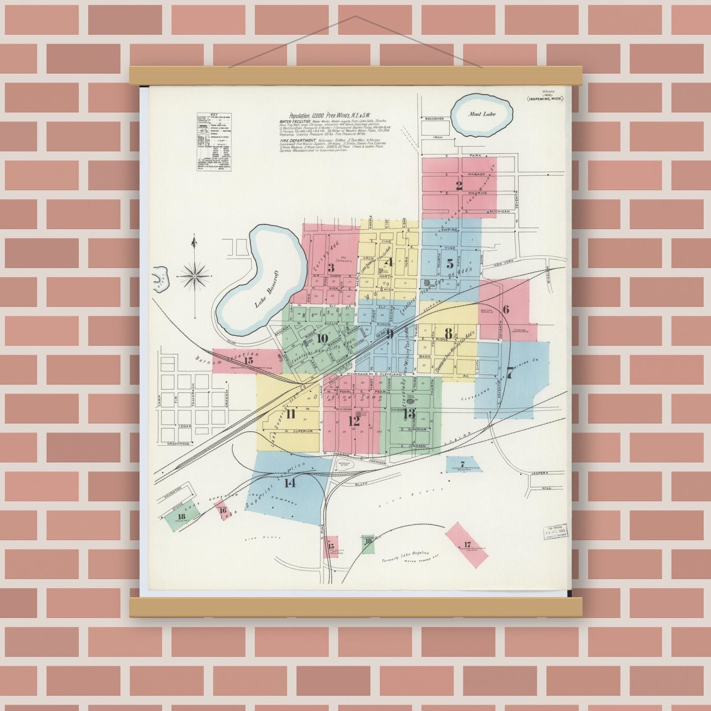Old map wall art mockup — magnetic wood frame on brick wall — Sanborn Fire Insurance Map from Ishpeming, Marquette County, Michigan (1897) - Complete Map Set