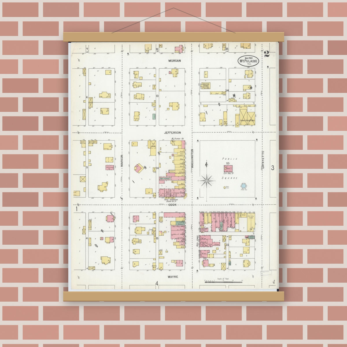 Old map wall art mockup — magnetic wood frame on brick wall — Sanborn Fire Insurance Map from Mount Pulaski, Logan County, Illinois (1900), Sheet #0002