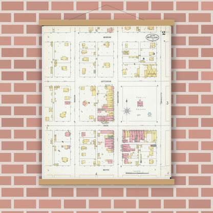 Old map wall art mockup — magnetic wood frame on brick wall — Sanborn Fire Insurance Map from Mount Pulaski, Logan County, Illinois (1900), Sheet #0002