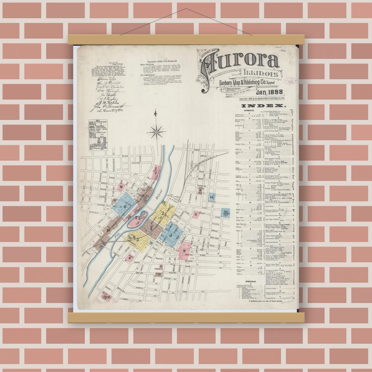 Old map wall art mockup — magnetic wood frame on brick wall — Sanborn Fire Insurance Map from Aurora, Kane County, Illinois (1888) - Complete Map Set