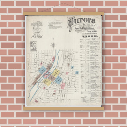 Old map wall art mockup — magnetic wood frame on brick wall — Sanborn Fire Insurance Map from Aurora, Kane County, Illinois (1888) - Complete Map Set