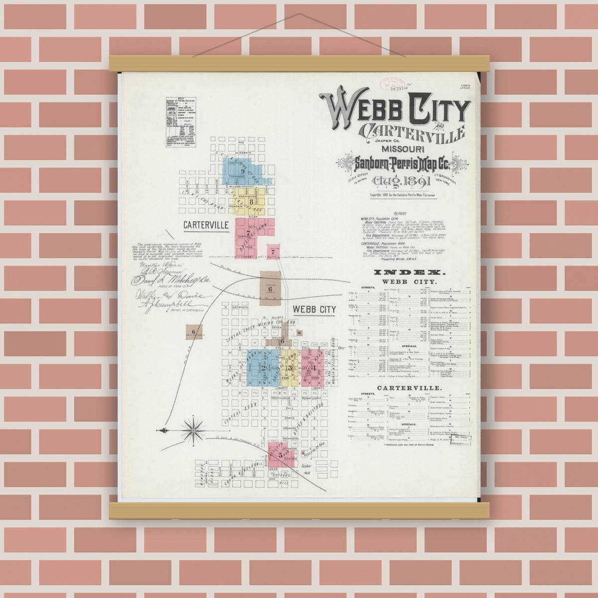Old map wall art mockup — magnetic wood frame on brick wall — Sanborn Fire Insurance Map from Webb City, Jasper County, Missouri (1891) - Complete Map Set