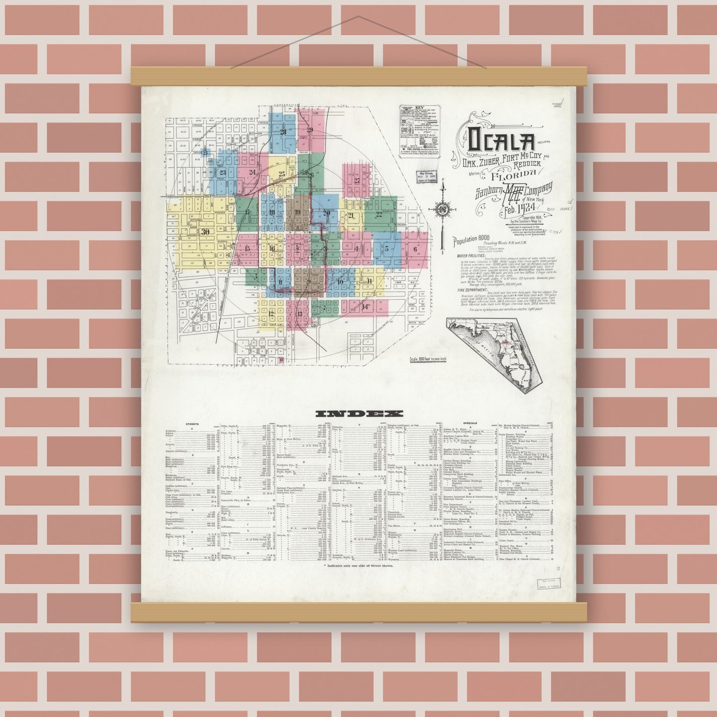 Old map wall art mockup — magnetic wood frame on brick wall — Sanborn Fire Insurance Map from Ocala, Marion County, Florida (1924), Sheet #0001